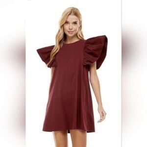 TCEC Elegant Burgundy Dress with Ruffled Sleeves